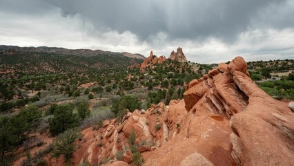 Beautiful landscape of rocks and trees of the Garden of the Gods in Colorado Springs, USA.