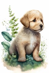 AI generated illustration of a cute dog on a foliage background in a watercolor style