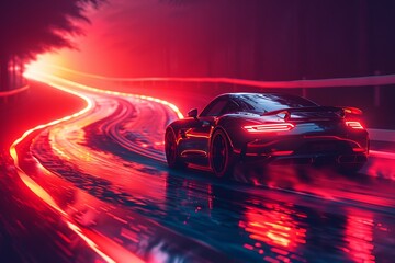 A car driving at high speed, a neon style - obrazy, fototapety, plakaty
