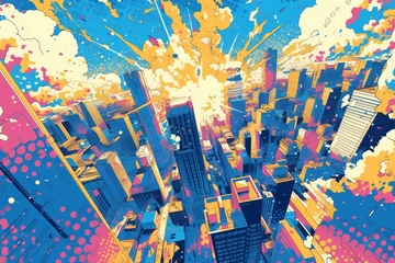 Fototapeten comic book panel, comic pop art style, cityscape, skyscrapers © Photo And Art Panda