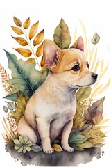 AI generated illustration of a cute dog on a foliage background in a watercolor style