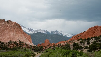 Beautiful landscape of rocks and trees of the Garden of the Gods in Colorado Springs, USA.