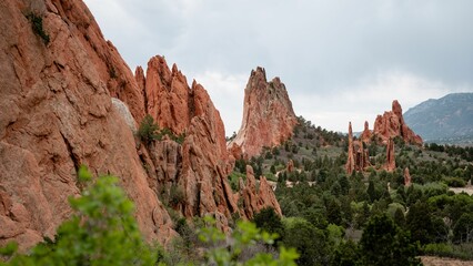 Beautiful landscape of rocks and trees of the Garden of the Gods in Colorado Springs, USA.