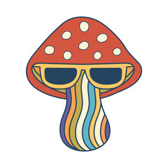 Retro groovy hippie mushroom with sunglasses. Psychedelic rainbow fly agaric