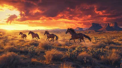 Wild Mustangs in the American Southwest Desert