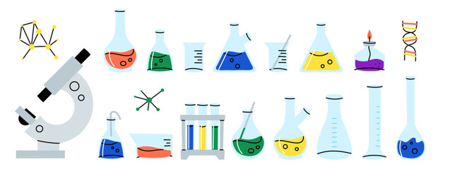 Laboratory glassware. Chemical reagents in glass bottles and rest tubes and flasks. Medical lab equipment. Scientific research tools. Doodle drawing. Vector cartoon flat isolated illustration