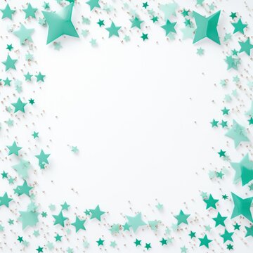 mint green stars frame border with blank space in the middle on white background festive concept celebrations backdrop with copy space for text photo or presentation