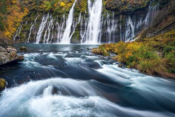 AI generated illustration of cascading majestic falls surrounded by autumn-colored foliage