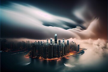 AI generated illustration of a waterfront futuristic city and clouds around the buildings