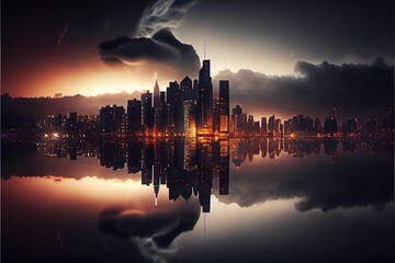 AI generated illustration of the two faces of a futuristic waterfront city at night - obrazy, fototapety, plakaty