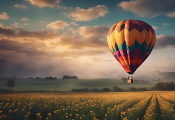 a hot air balloon flying over a flower field under a beautiful cloudy sky