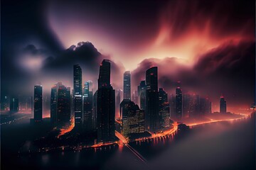 AI generated illustration of a futuristic city with high buildings under the purple clouds - obrazy, fototapety, plakaty
