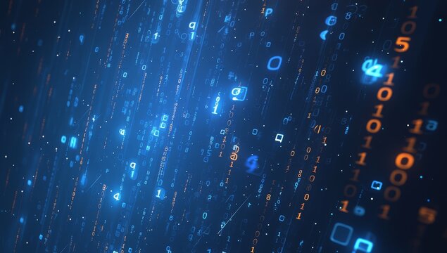 Digital data background with binary code and glowing numbers on a dark blue background. Abstract technology concept. 