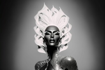 Greyscale AI generated illustration of a drag queen with voluminous hair and a sparky outfit