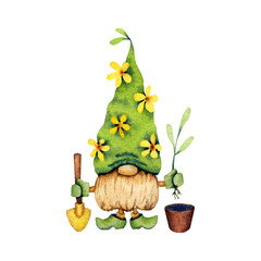 Watercolor illustration of a garden gnome with a shovel and a flower pot isolated on a white background.
