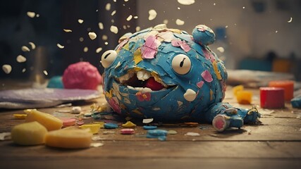 A pinata-like creature made of hardened paint, whimsically decorated