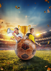 soccer fan with megaphone in hand and soccer player celebrating in soccer stadium. Poster.