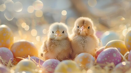 AI generated illustration of two young chicks amidst eggs and soft bokeh lights
