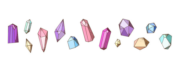 Crystal set. Magic quartz different forms and colors. Occult mystical gemstones. Gem jewellery, colorful luxury diamond. Jewels treasure. Decorative isolated elements. Minimalism vector illustration