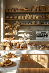 A modern bakery shop with sunlight