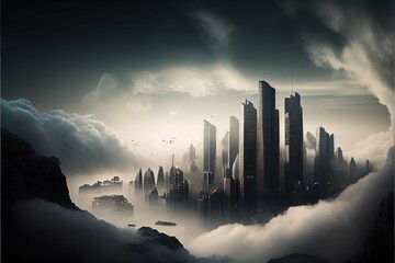 AI generated illustration of the modern city with skyscrapers on a foggy day - obrazy, fototapety, plakaty