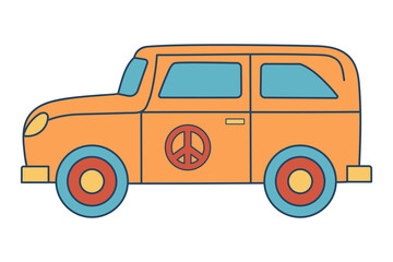 Retro groovy hippie car. Vintage travel van. Colorful cartoon 60s, 70s style