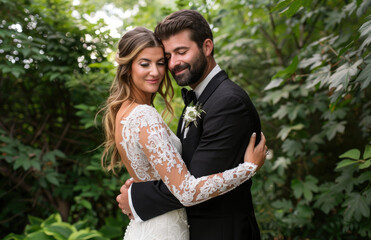 A bride and groom in their wedding dress standing next to each other, the man is wearing a black tuxedo with a white tie and has a beard, she wears a long sleeved lace gown