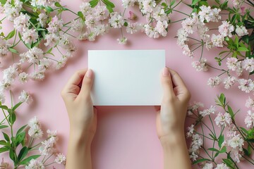 A woman's hands are holding an empty paper card on a floral pink background. Postcard mockup template with white flowers. - Powered by Adobe