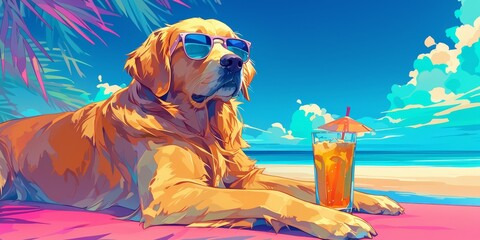 Golden Retriever dog wearing sunglasses and lying on the beach with a cocktail drink - obrazy, fototapety, plakaty