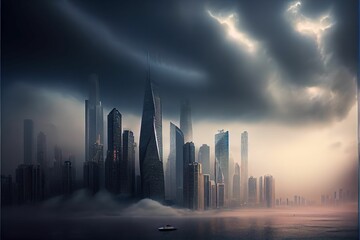AI-generated illustration of a modern city skyline. Gloomy cityscape.