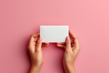 Obraz premium A woman's hands are holding a small empty paper card on a pink background. Postcard mockup template.
