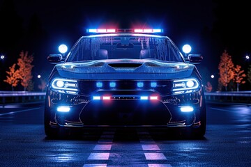 Police car parked in parking lot at night. Generative AI - obrazy, fototapety, plakaty