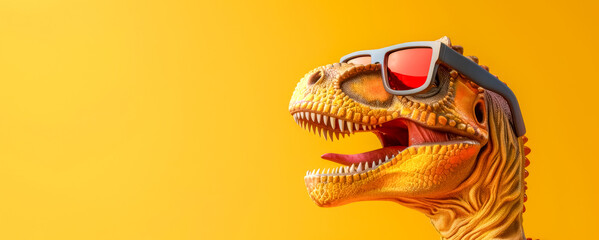 Cool dinosaur with sunglasses on yellow background - obrazy, fototapety, plakaty