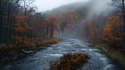 Misty mountain stream on a cloudy day, AI-generated.