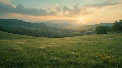 Sunrise over trees in a green field with rolling hills, AI-generated. - obrazy, fototapety, plakaty