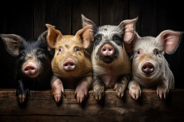 Group of pigs sitting on top of a wooden box. Generative AI