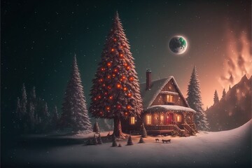 AI generated illustration of a small hut surrounded with fir trees in winter
