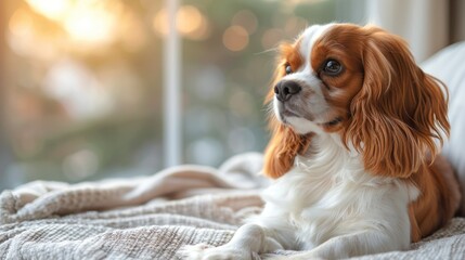 Cute Cavalier King Charles Spaniel dog sitting on the bed