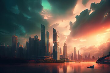 AI generated illustration of a cityscape with various skyscrapers on a gloomy weather - obrazy, fototapety, plakaty
