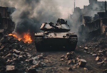 a tank rolls through the rubble in a town filled with old buildings