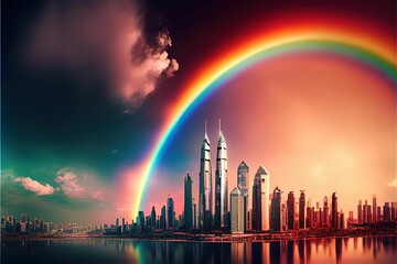 AI generated illustration of a beautiful cityscape with a rainbow over the city skylines - obrazy, fototapety, plakaty