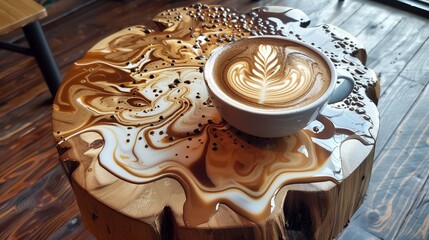 Spilled coffee creating an unexpected art piece on table, AI-generated.