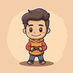 Cute Boy Playing Game Cartoon Character Vector Illustration. Design Element