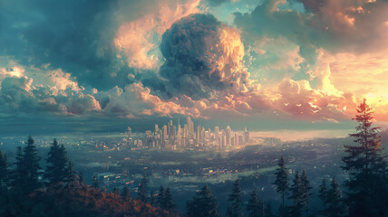 A city is shown in the distance with a large cloud in the sky