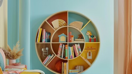 carousel-inspired round bookcase in a child's bedroom, filled with colorful books and toys, against a pastel wall