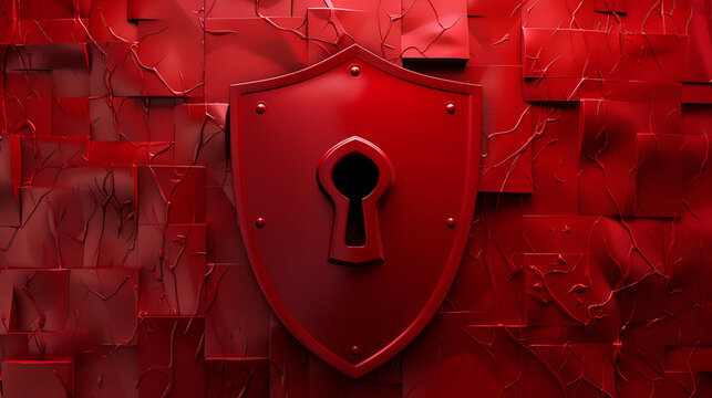 red-colored lock symbol and red-colored shield icon. On red -colored background. Square composition with copy space. Isolated with clipping path,Shield With Keyhole icon on digital data background