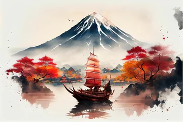 Deurstickers AI generated illustration of Mount Fuji and a boat sailing on the still lake © Wirestock