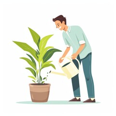 A cute illustration of a young man watering a houseplant from a watering can and smiling, isolated on a white background. A man who cares about ecology and plants. The concept of a responsible man. - 779532495
