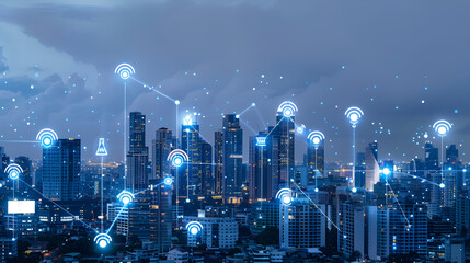 Network Telecommunication and Communication Connect Concept, Connection 5G Networking System of Infrastructure and Cityscape at Night Scenery. Technology Digital Connectivity and Information Transfer
