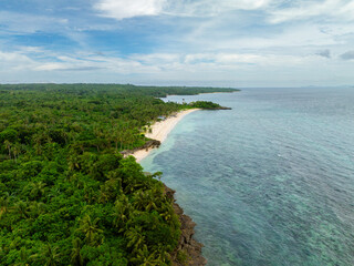 White sandy beaches and greenery forest in Carabao Island. San Jose, Romblon. Philippines.